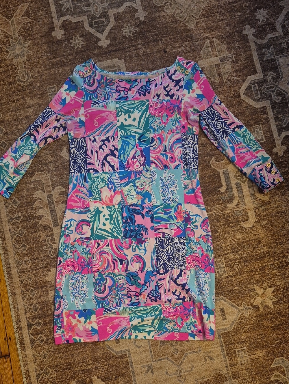 Lilly Pulitzer Pink, Aqua & Blue Patchwork-Print 3/4 Sleeve Dress